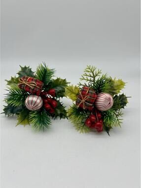 2 Vintage Christmas Holly Pine Berry Picks Artificial Holiday Floral Sprays Set